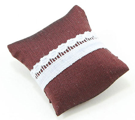 Dollhouse miniature PILLOW, BURGUNDY WITH WHITE LACE